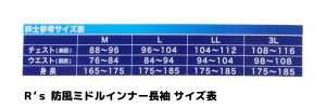 防風ミドルインナー　サイズ表